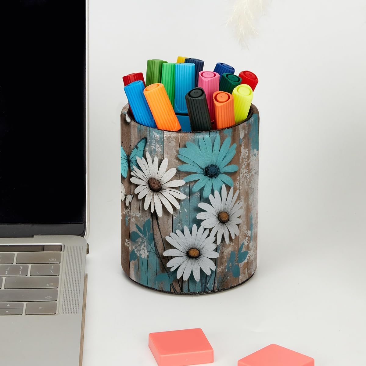 Leather Pen Holder for Desk, Love Cherry Pencil Organizer Pencil Cup Desk Decor Makeup Brush Holder Multifunctional Office Supplies for Home,Office, School