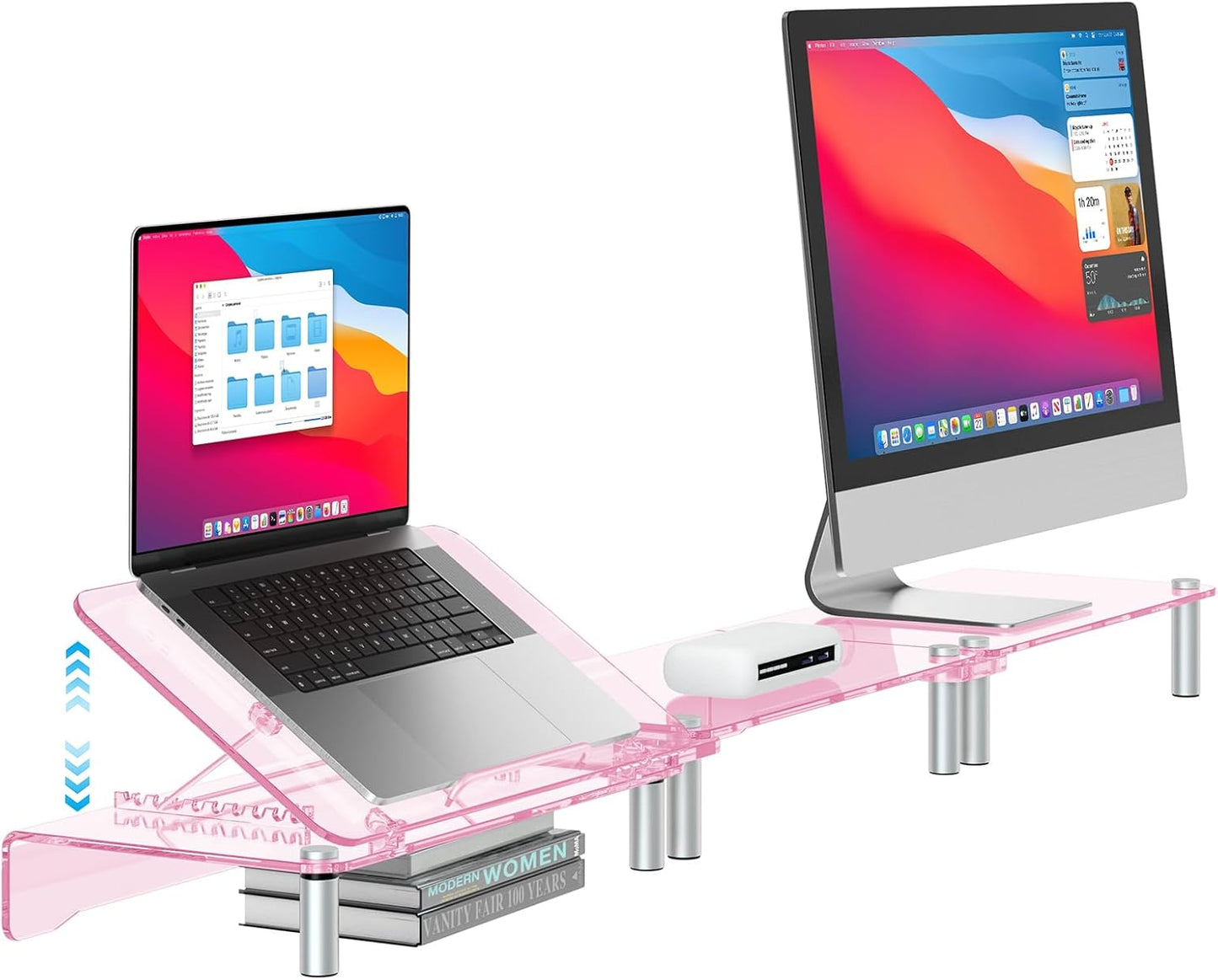 RQUOIRE Ergonomic Pink Acrylic Dual Monitor Stand with Adjustable Laptop Riser, Compatible with Desktop, Printer, TV and More Devices,monitor riser holder suitable for 2 monitors