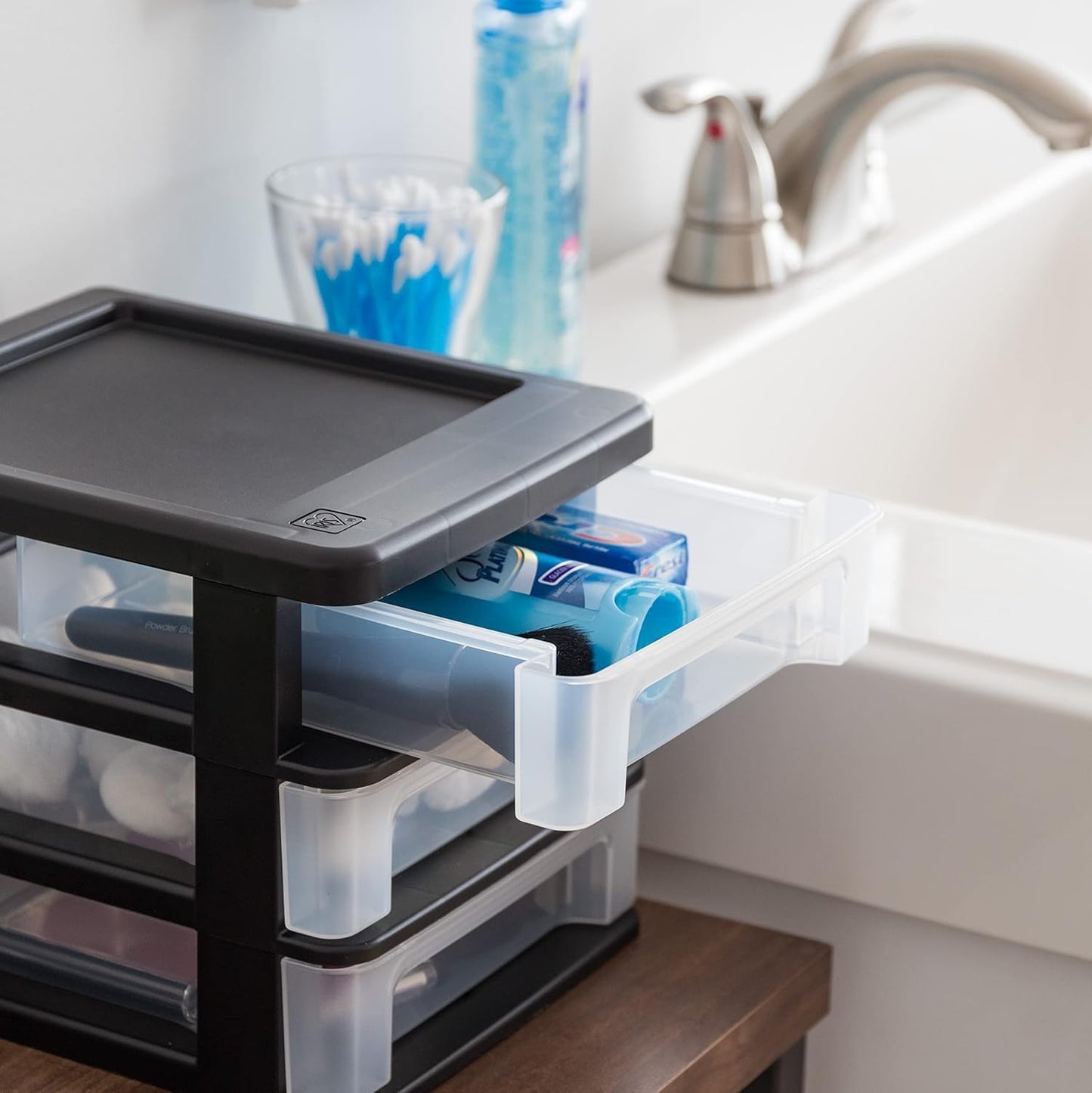 IRIS USA Plastic Stacking Desk Top 3-Drawer Storage Organizer, 2-Pack, for Makeup Vanity Nail Polish Bathroom Stationery Art Craft Supplies Kitchen Office Garage and Small Organization, Small, Black
