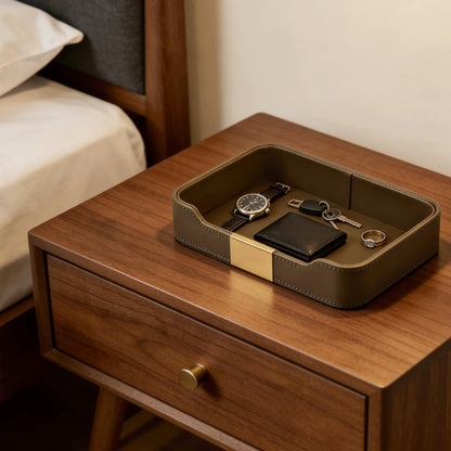PU Leather Valet Tray Catchall Organizer for Men - Nightstand Dresser Desk Tray for Keys Wallet Watch Jewelry, Bedside Entryway Table Storage Box, EDC Accessories Holder Catch All Dish, Green