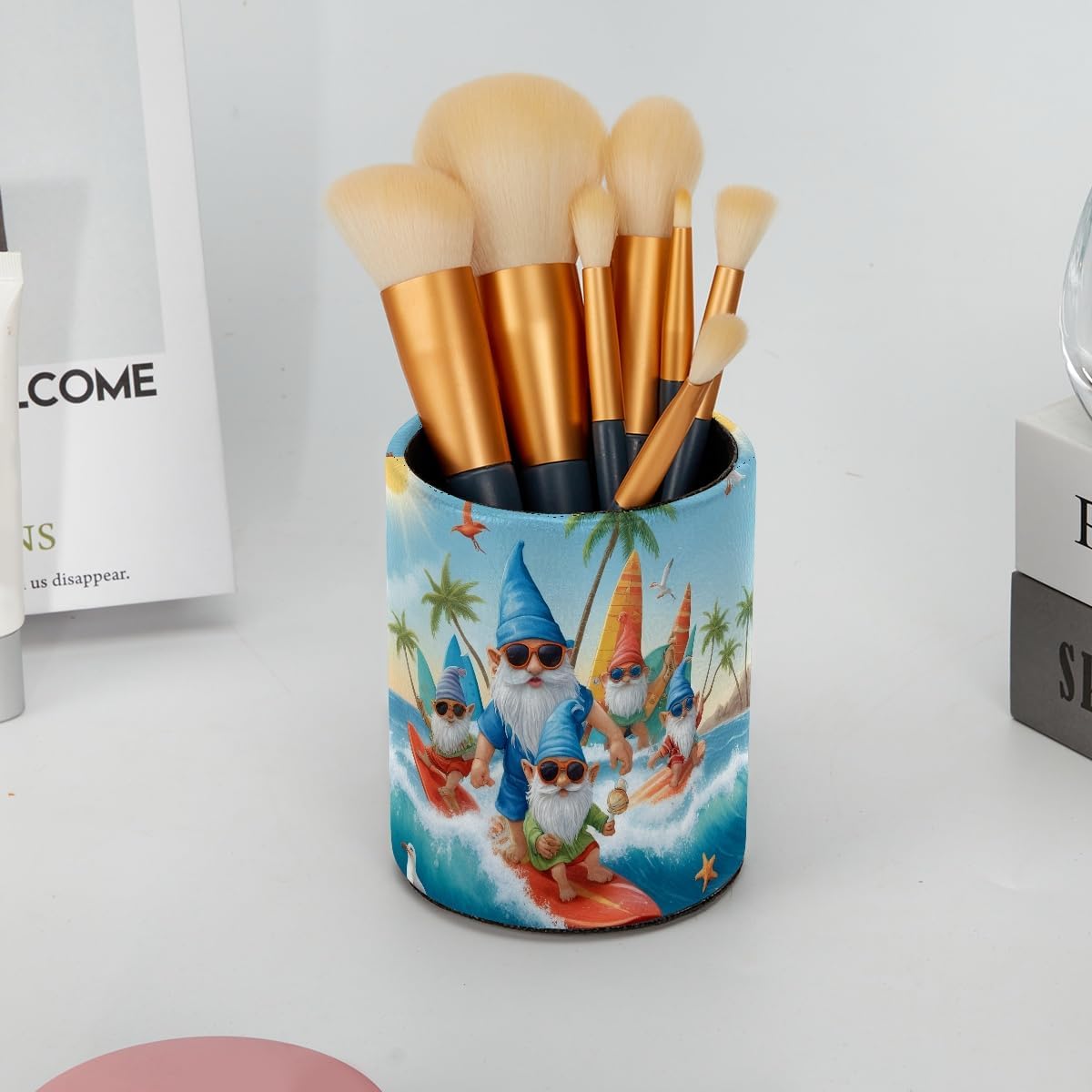Leather Pen Holder for Desk, Love Cherry Pencil Organizer Pencil Cup Desk Decor Makeup Brush Holder Multifunctional Office Supplies for Home,Office, School