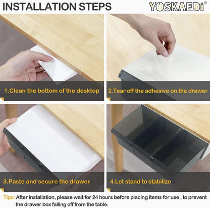 Under Desk Drawer Storage with 3 Drawers, Large Desk Drawer Attachment for office, Drawer Organizer Slide Out, Plastic Stick on Drawer White