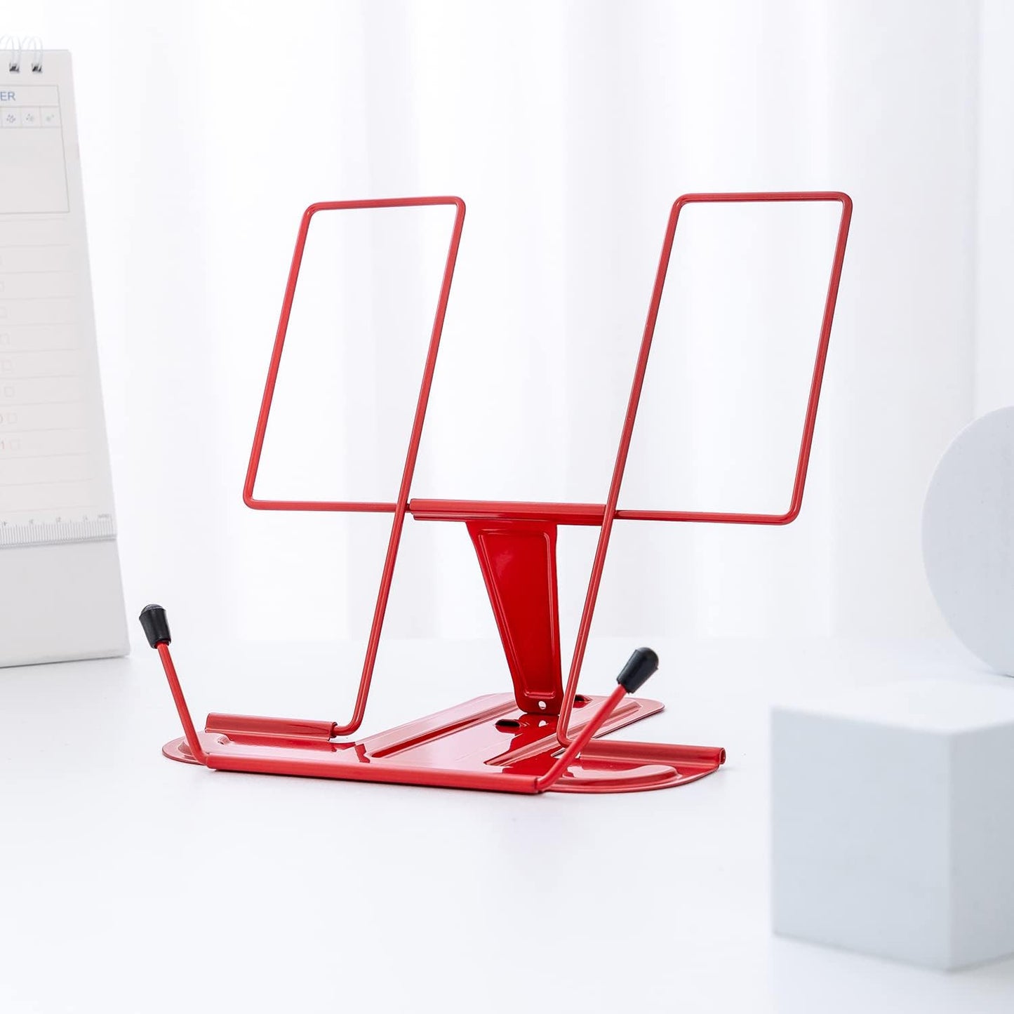 MSDADA Metal Book Stand for Desk, Adjustable Reading Rest Book Holder, Portable Cookbook Documents Holder, Sturdy Typing Stand for Recipes Textbooks Tablet Music Books with Page Clips (Macaron Pink)