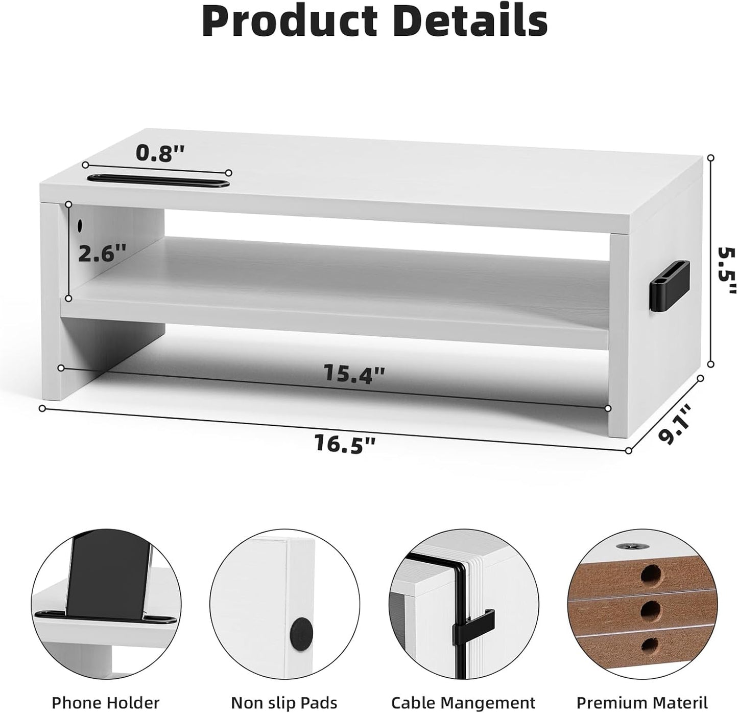 Marbrasse Monitor Stand Riser, 2 Pack 16.5 Inch 2 Tier Computer Monitor Stand, Printer Shelf Stand for Laptop Computer Screen Storagek,Desktop Stand with Phone Holder and Cable Management