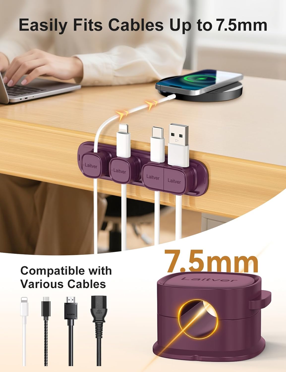 6 Pack Magnetic Cable Clips [1s Open/Lock], Laitver Cord Organizer Holder Strong Adhesive Desk Cable Management- Organize Charging Cords Neatly for Home, Office, Car,Desk, Nightstand