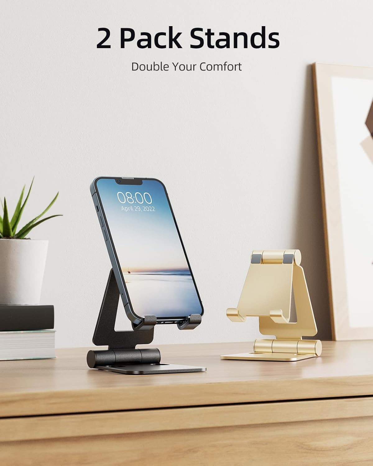 Nulaxy 2 Pack Fully Aluminum Dual Folding Cell Phone Stand, Adjustable Foldable Desktop Phone Holder for Desk Compatible with iPhone 17 16 15 14 13 12 11 Pro Max Xs Xr X 8, All Phones, Black & Silver