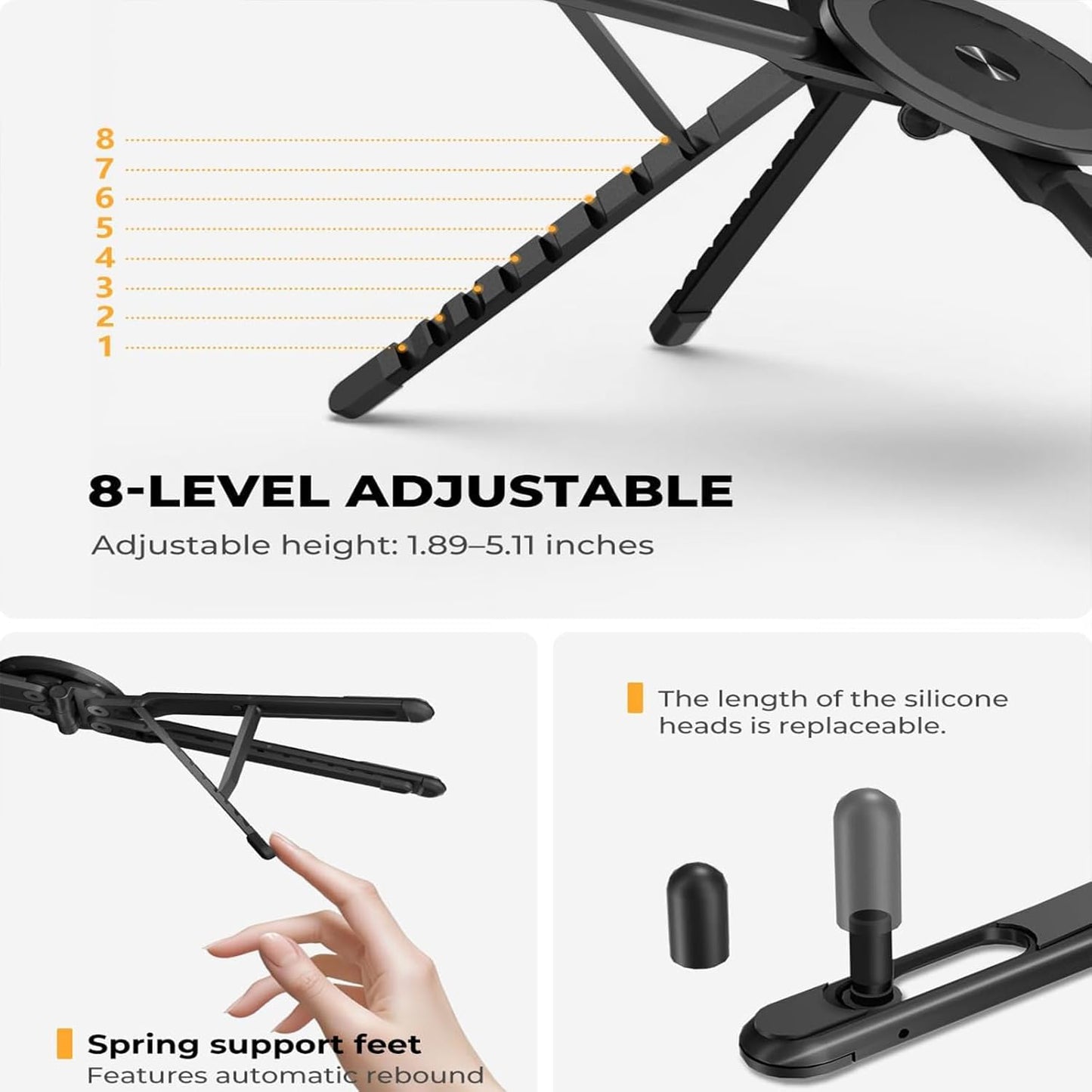 Laptop Stand for Desk, Adjustable Aluminum Alloy Magnetic Foldable Phone Stand, 8 Level Height Adjustable Laptop Stand, 3 in 1 Computer Riser for Phone, Tablet and Laptop