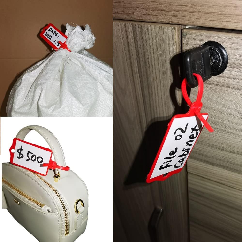 100pcs Reusable Blank Plastic Tags Ties Key Tags 1.45"*2.48" Serrated Tension Sealing Strap with Large Label Plastic Tie Mark Label Waterproof Hang Sign Write on Tag (Red, 100pcs)