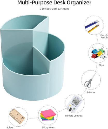 Desk Pencil Pen Holder, 3 Slots 360-Degree Spinning Organizers, Desktop Storage Stationery Supplies, Cute Cup Pot for Office, School, Art Supply, Kids - White