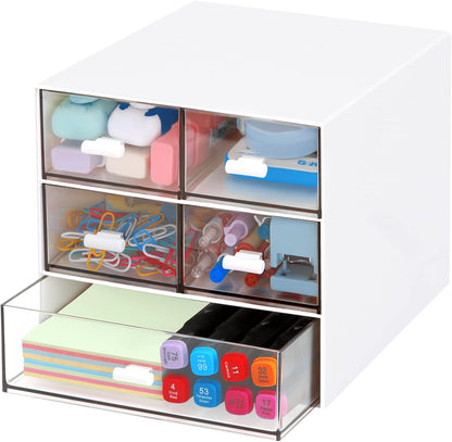 Desk Organizer with 5 Drawers, Rectangular Office Stationery Supplies Desktop Drawers, Plastic Makeup Storage, Suitable for Office, School, Home (Pink & 5 Drawers)