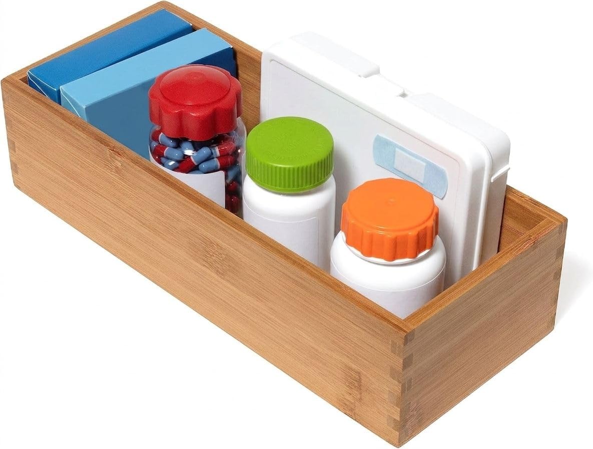 Lipper International Bamboo Wood Utensil Holder Storage Box for Cooking Tools, Makeup, or Office Supplies, 4" x 9 1/4" x 3"