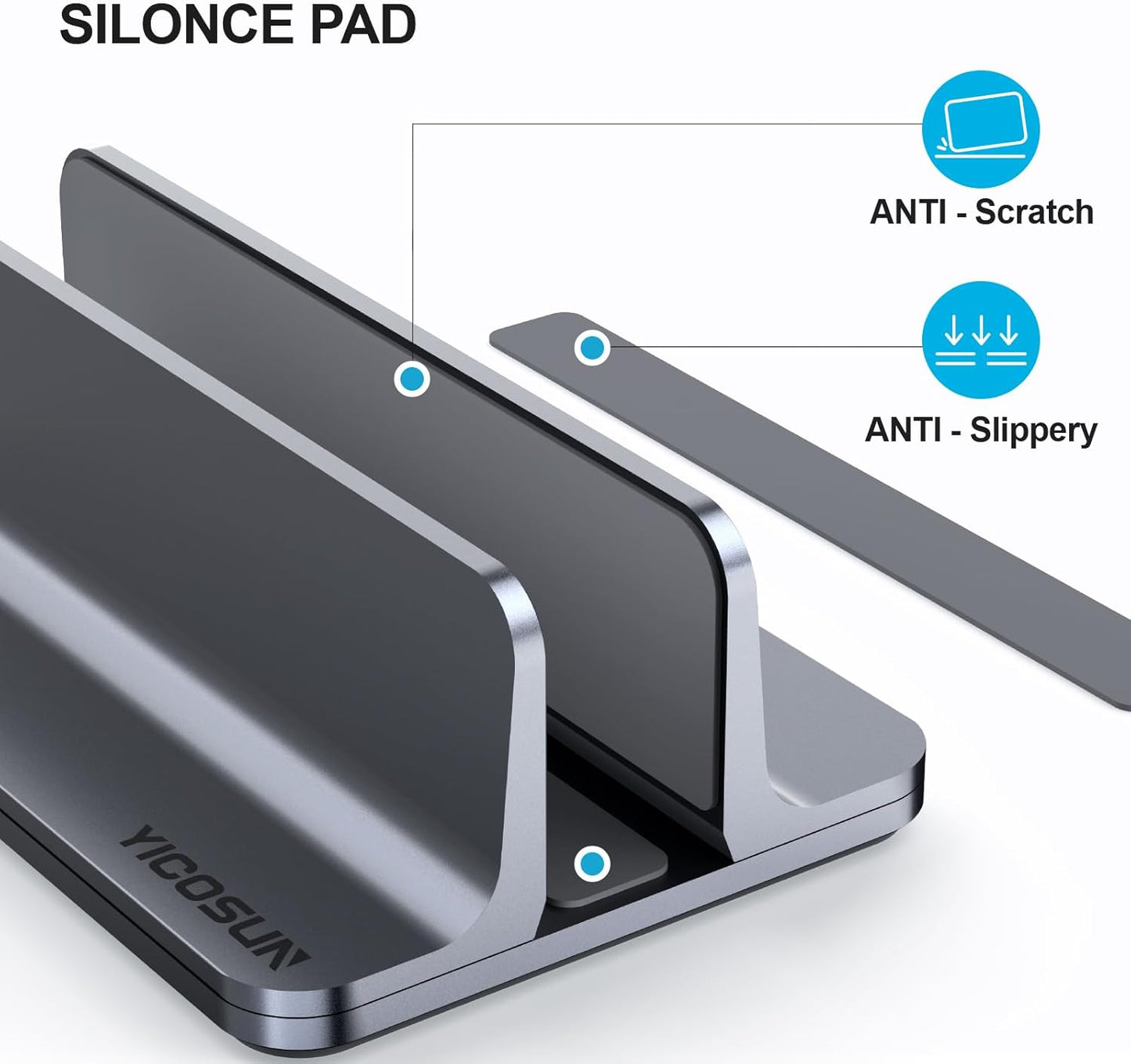 YICOSUN Aluminum Vertical Laptop Stand for Desk - Adjustable Width Dock for MacBook, Surface, Samsung, HP, Dell up to 17.3 inches - Space-Saving & Protective Design - Gray