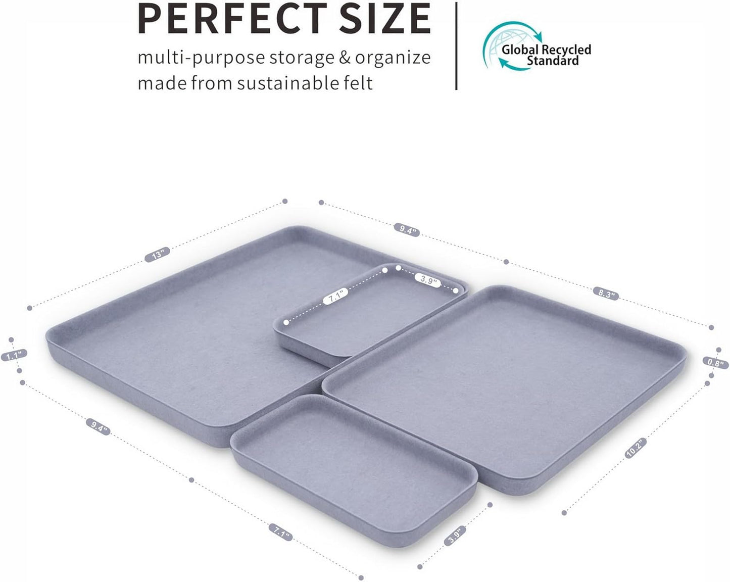 Welaxy EDC Catchall Desk Organizer felt tray stylish nightstand multi tray Entryway Bedside Caddy for Keys Phone Wallet Watch Glasses Pens Office Accessory minimalist living 4-piece (Glacier Gray)