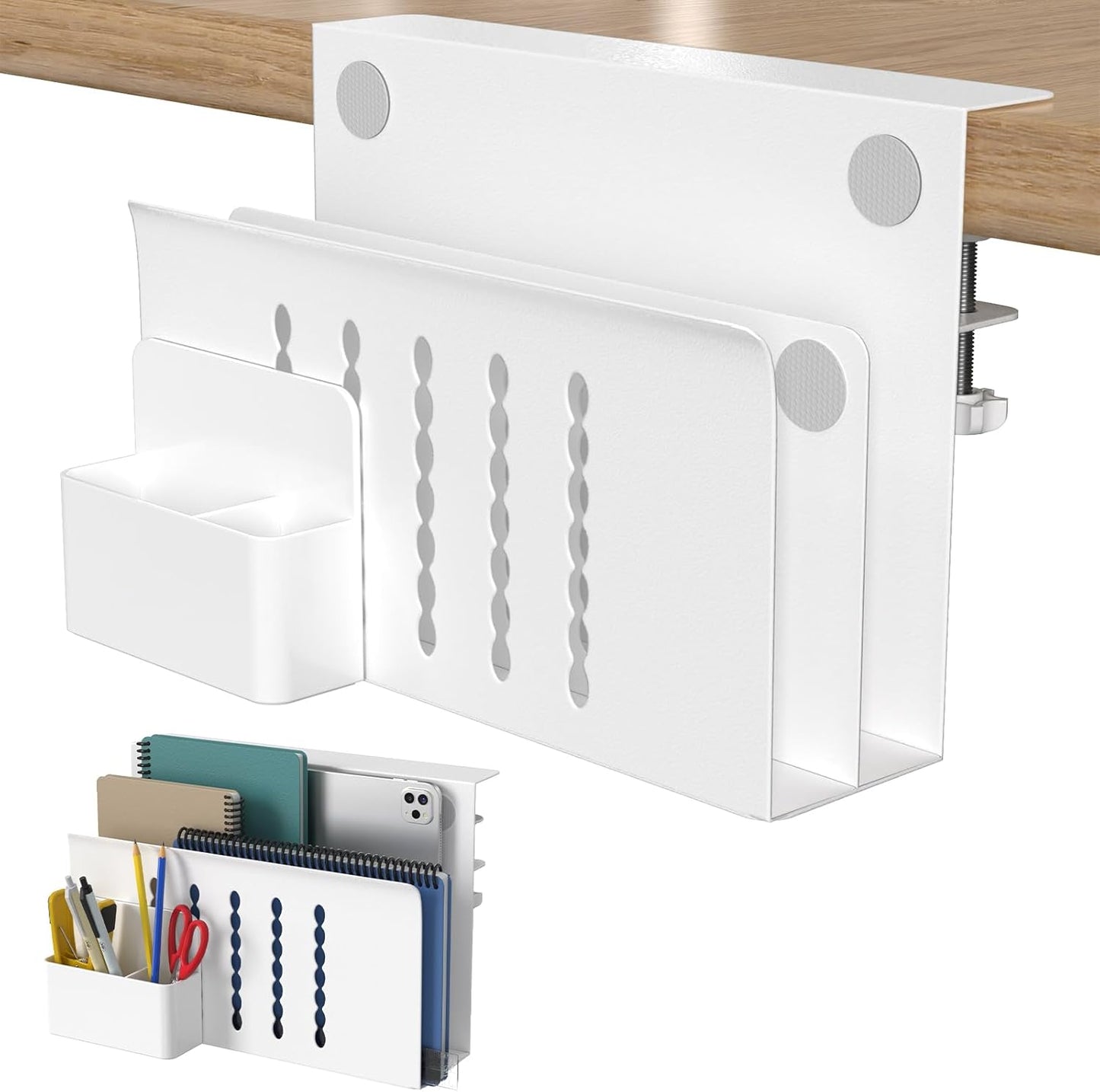 HAMOPY Desk Side Storage, Single-Layer Steel Hanging Desk Organizer with Magnetic Pen Holder, No Drilling Desk Drawer Cable Management Tray, Under Desk Laptop Holder for Office, School&Home(White)