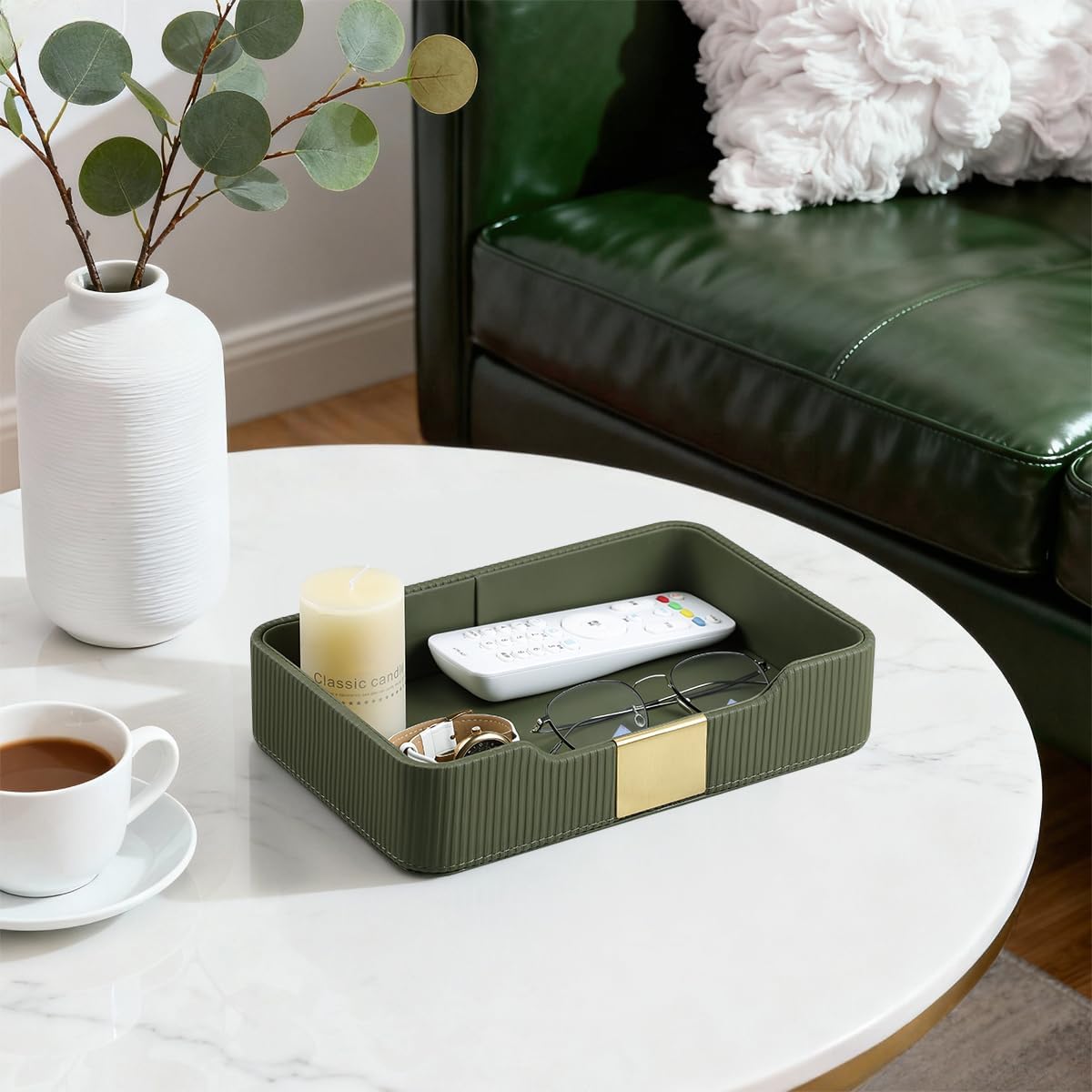 Valet Tray Desktop Storage Organizer, PU Leather Catchall Bedside Vanity Tray with Brass Accents Block Nightstand Organizer for Keys Watch Wallet Phone, Decorative Nightstand Storage (Green)