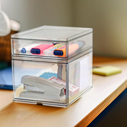 Set of 2 Stackable Storage Drawers - 6.7" Clear Plastic Drawer Storage, Acrylic Makeup Organizer, Desk Counter Cabinet Office Organizer, Bathroom Organizers and Storage (Modern/Set of 2)