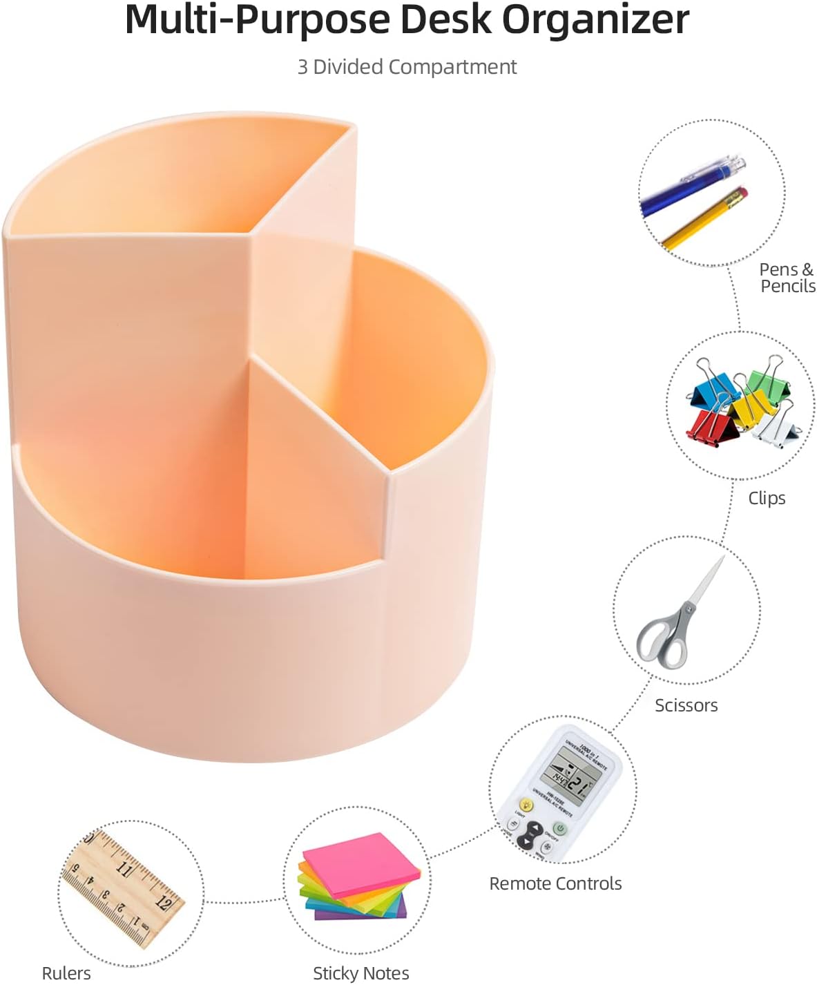 Desk Pencil Pen Holder, 3 Slots 360-Degree Spinning Organizers, Desktop Storage Stationery Supplies, Cute Cup Pot for Office, School, Art Supply, Kids - White