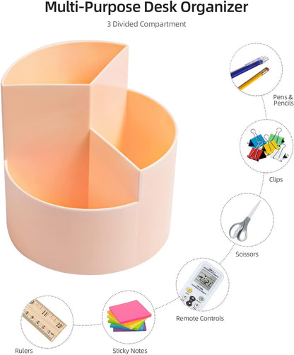 Desk Pencil Pen Holder, 3 Slots 360-Degree Spinning Organizers, Desktop Storage Stationery Supplies, Cute Cup Pot for Office, School, Art Supply, Kids - White