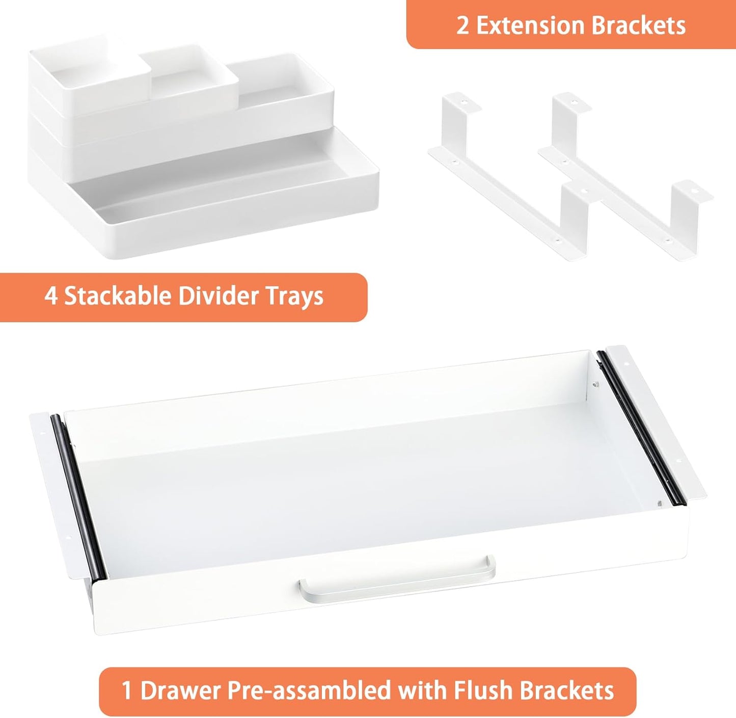 Under Desk Drawer Organizer 21" White Upgrade with Adjustable Brackets, Sliding Pull-Out Under Table Pencil Drawer, Office Standing Desk Attachment for Workbench