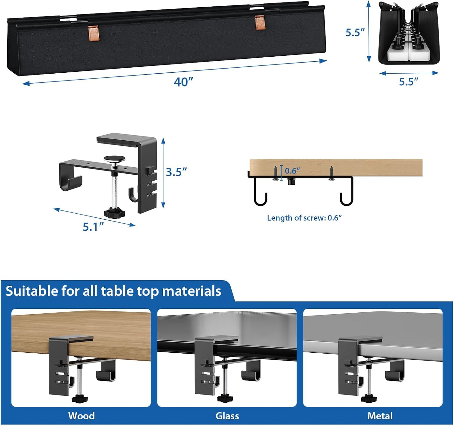 Zilink No Drill Under Desk Cable Management Tray 30" Cord Organizer for Table Clamp/Screw Mount Desk Cable Management Sturdy Waterproof Fabric Cord Hiders for Office, Home