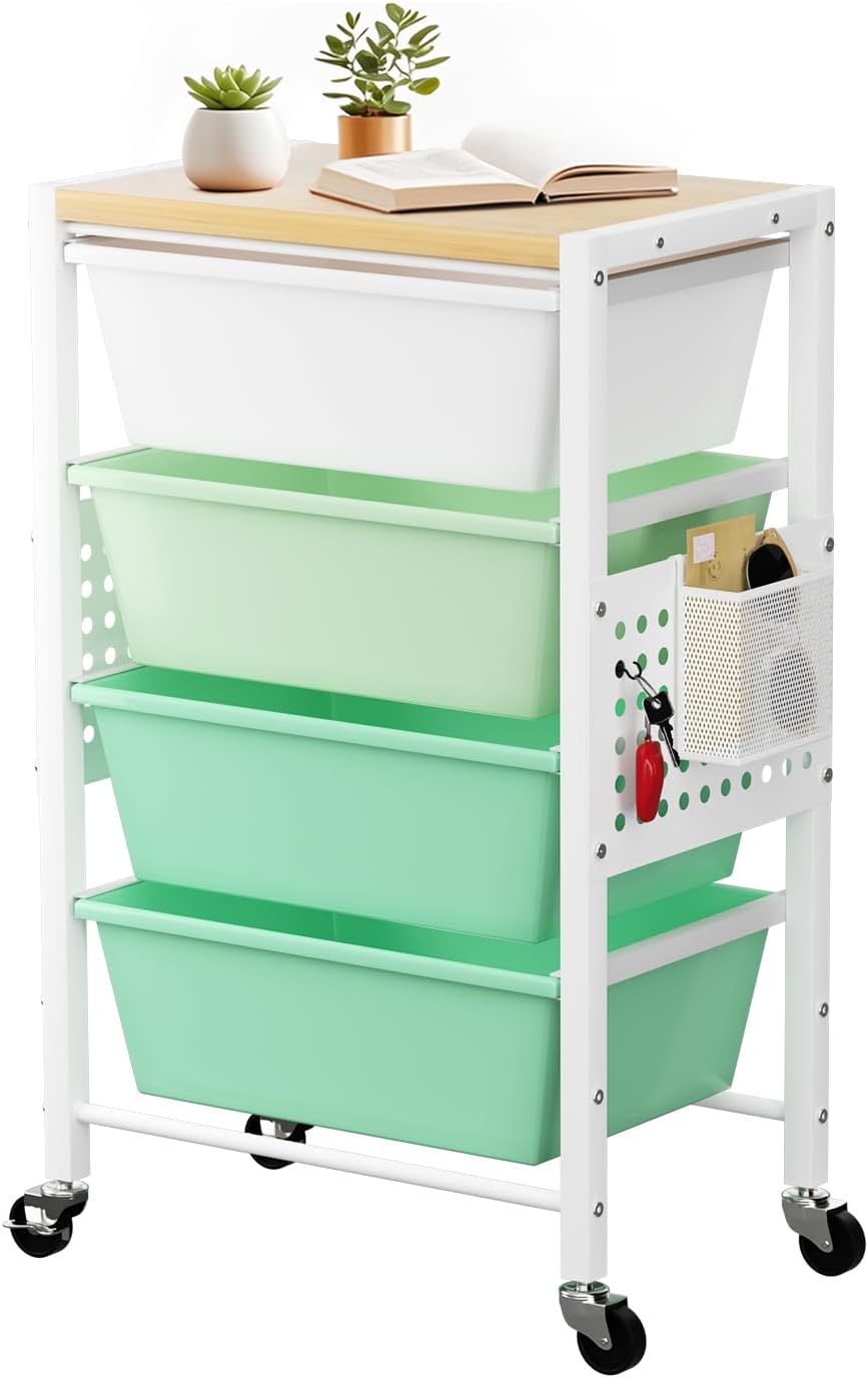 Rolling Cart with 3 Drawers, Plastic Drawer Storage Carts with Lockable Wheels & Wooden Tabletop, Metal Utility Cart Organizer, Office Bedroom Classroom Craft Organization and Storage, Bright White