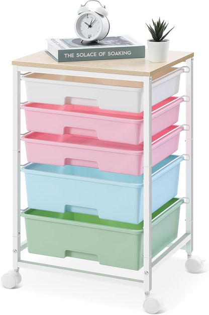 SYKIARIOL Utility Cart with 5 Drawers,Storage Cart with Wooden Tabletop and Lockable Wheels,Craft Storage Trolley Organizer,5-Tier Rolling Utility on Wheels,Light Green