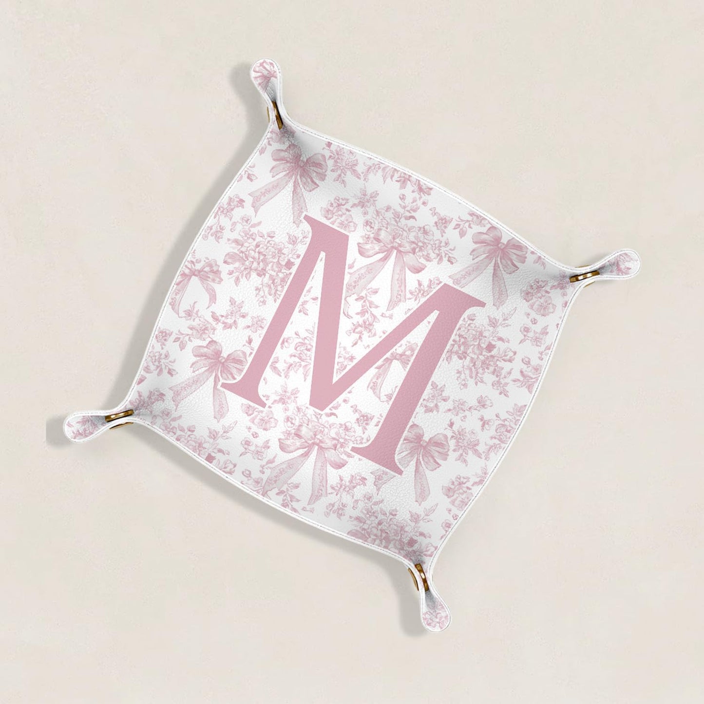 Gifts for Mom Initial Valet Tray,Pink Personalized Gifts for Women Mom Grandma Girlfriend,Nightstand Desk Accessories PU Leather Tray Organizer for Birthday Christmas Gift Ideas (B)