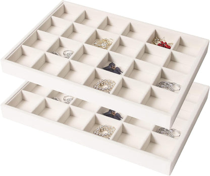 Coward Stackable Jewelry Trays Organizer Set with Clear Lid, Trays for Drawer, Earring Necklace Bracelet Ring Display Organizer (beige(ring+12girds+30girds+The glass lid))