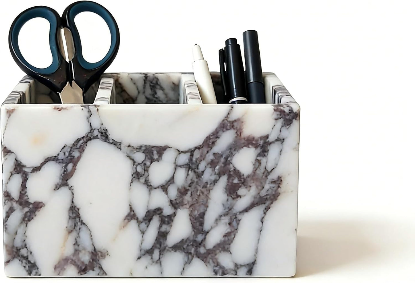 Marble Pen Holder, White Stone Rectangular Desktop Organizer, Office Study Makeup Brush Storage, Home Desk Decor, Minimalist Design, Durable Marble Accessory