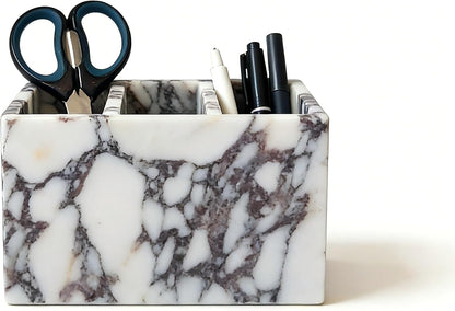 Marble Pen Holder, White Stone Rectangular Desktop Organizer, Office Study Makeup Brush Storage, Home Desk Decor, Minimalist Design, Durable Marble Accessory