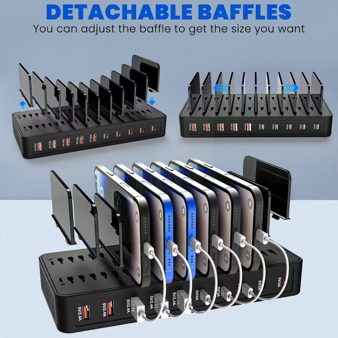 100W 10-Port Smart Charging Station | 5 USB-A & 5 USB-C Ports | Organized Design for Cellphones, Tablets, Watches & More (Black)