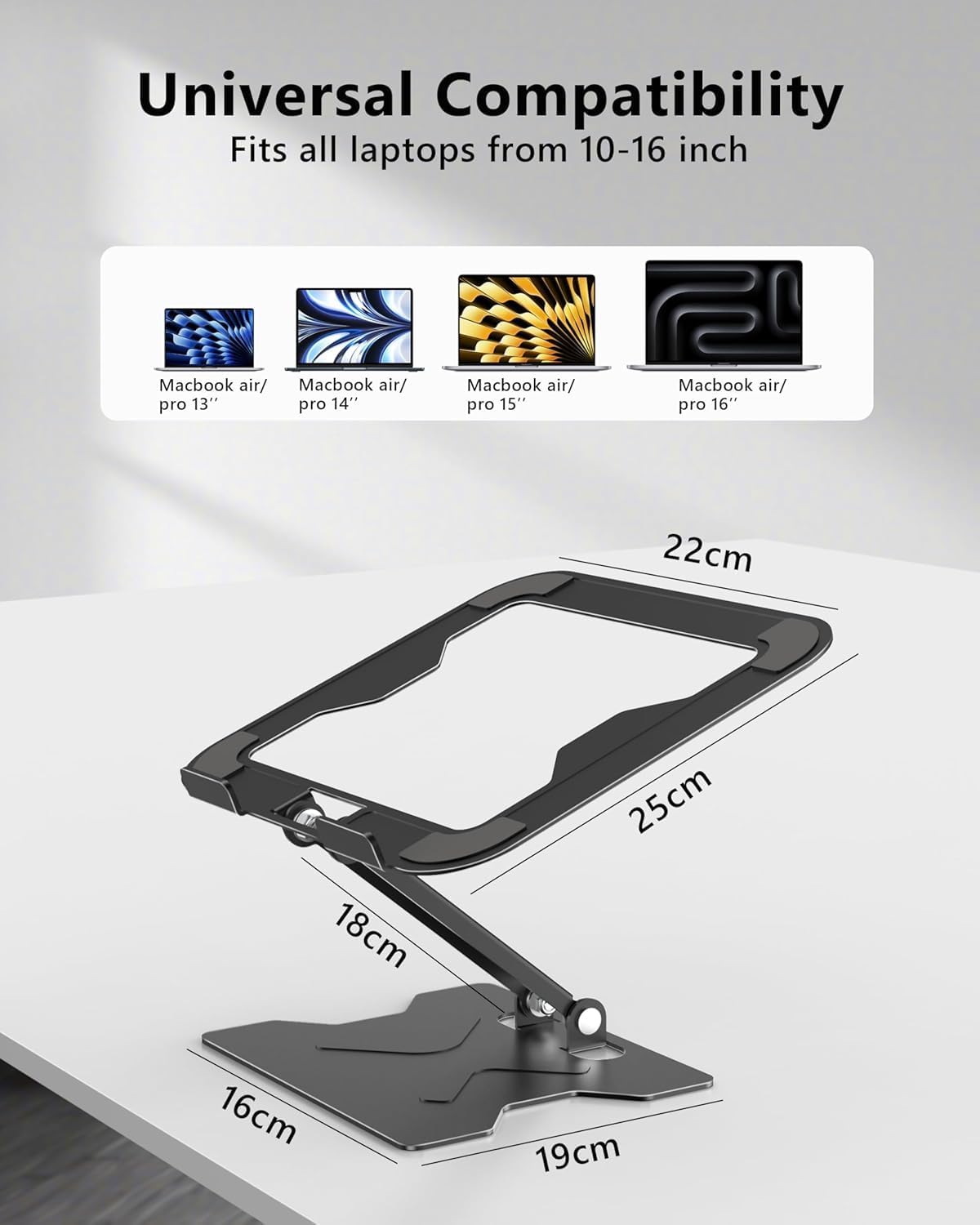 JCZT Adjustable Laptop Stand for Desk, 360° Rotating Base Ergonomic Computer Stand, Laptop Riser Foldable Protable for Office Home Fits Compatible with MacBook Pro/Air Notebook up to 10-16" Black
