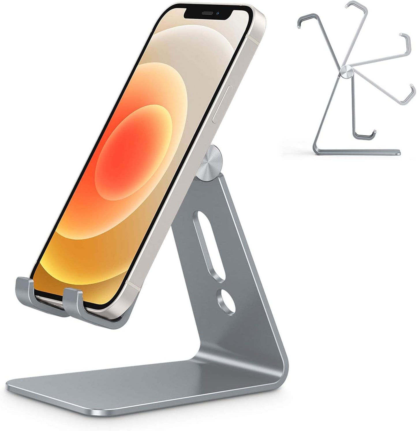 Adjustable Cell Phone Stand, OMOTON Aluminum Desktop Cellphone Stand with Anti-Slip Base and Convenient Charging Port, Fits All Smart Phones, Silver