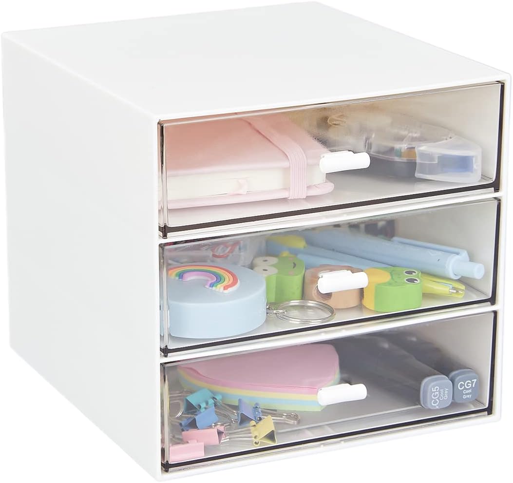Desk Organizer with 3 Drawers, Clear Plastic Desk Storage Box, Desktop Organization for Office Supplies, Gel Pens, Pencils, Markers, Tape, Erasers, Paperclips, Chargers (White-3 Draws)