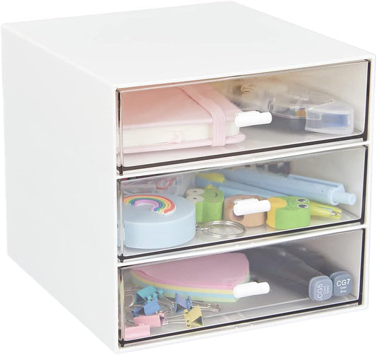Desk Organizer with 3 Drawers, Clear Plastic Desk Storage Box, Desktop Organization for Office Supplies, Gel Pens, Pencils, Markers, Tape, Erasers, Paperclips, Chargers (White-3 Draws)