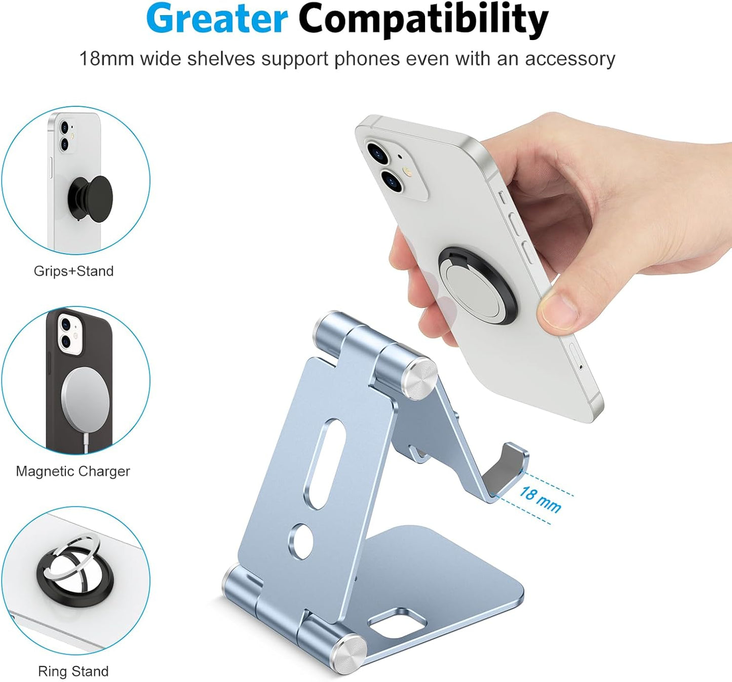 OMOTON Foldable Cell Phone Stand, C4 Portable Aluminum Phone Holder, Adjustable Phone Dock Cradle Compatible with iPhone 17/16/15 Pro Max Air, Samsung Galaxy, Small Tablets, All Smart Phones, Silver
