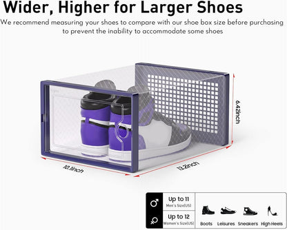 Kuject X-Large Shoe Storage Boxes Organizers Clear Plastic Stackable 12 Pack, Shoe Rack & Holder Substitute, Sneaker Containers, Toy Storage Organizer Bins for Entryway, Closet, Under Bed, Black