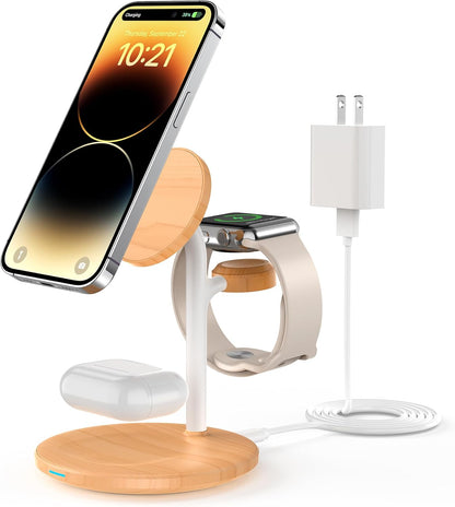 XooFly 3 in 1 Wireless Charging Station for Apple Devices, Fast Wireless Mag-Safe Charger Stand with 20W Adapter for iPhone 17 16 15 14 13 12 Pro Max/Air/Plus/Pro,iWatch,AirPods-Gift for Wife&Husband