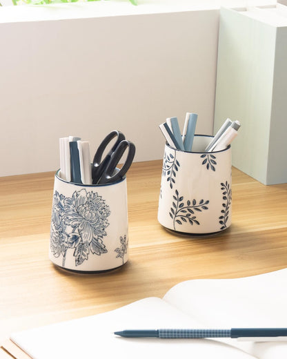 Pencil Holder for Desk, Ceramic Pen Holder, Blue and White Chinoiserie Desk Pen Organizer, Flowers and Branches