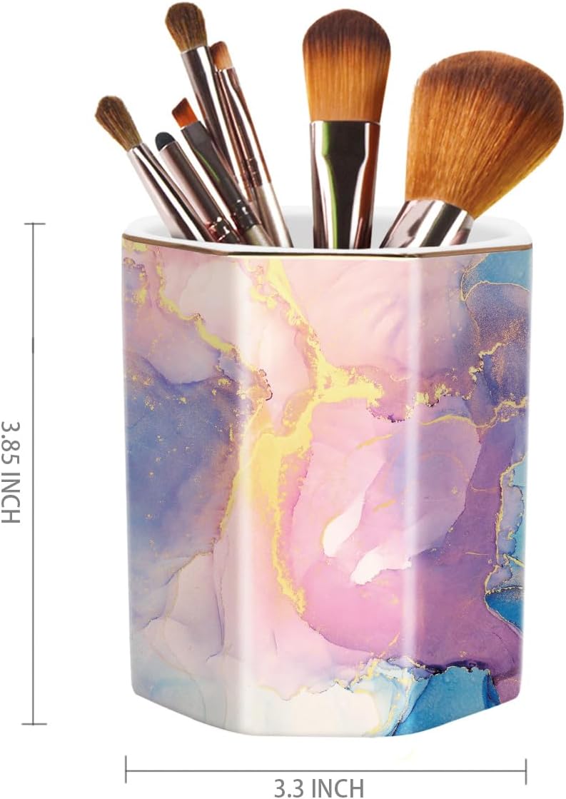 WAVEYU Ceramic Pen Holder for Desk Cute, Pencil Cup Pot Desk Organizer, Makeup Brush Holder for Women, Men, Kids, Desk Marble Decor for Office, Classroom, Home, Gray Golden