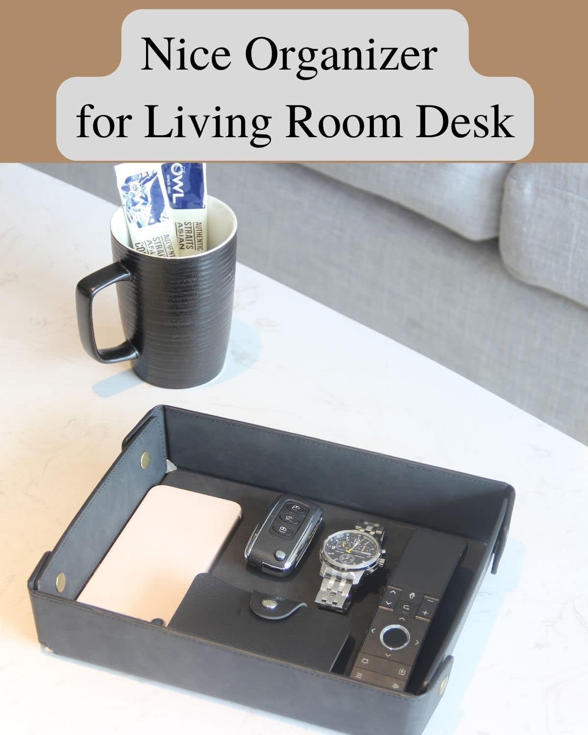 CASIRENA Faux Leather Valet Tray Organizer for Men - Catch-All Tray for Entryway Table Key, Wallet, Watch, Coin Change, Phone, Dresser EDC Dump Jewelry, Bedside Nightstand Desk-top Catchall