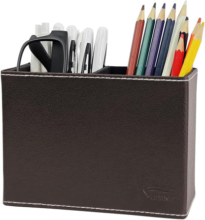 Leather Pen Holder, Brown Pencil Holder, Desktop Elegant Pen Holder for Desk, Stationery Organizer for School Office Home Dorm (3.3" x 3.3" x 4", Brown)