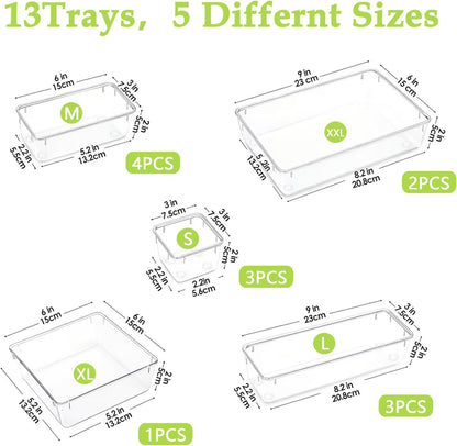 Clear Acrylic Drawer Organizer Trays, 5 Size Junk Box Organization Small Storage Container Bin for Desk Makeup Bathroom Vanity Kitchen Tool Make Up Workspace Home Dorm Apartment Office Room Nightstand