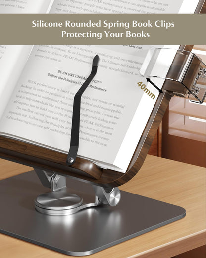 Book Stands for Reading,Adjustable Book Holder with 360° Rotating Metal Base,Foldable Cookbook Stand, Reading Hands Free with ABS Expandable Page Clips for Recipe,Textbook,Laptop