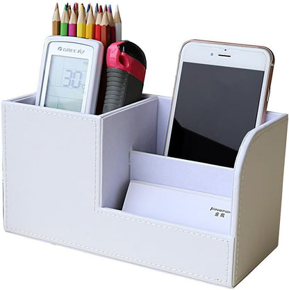 KINGFOM Desk Organizer Office Supplies Caddy Pu Leather Multi-function Storage Box Pen/Pencil,Cell phone, Business Name Cards Remote Control Holder with Small Drawer Black