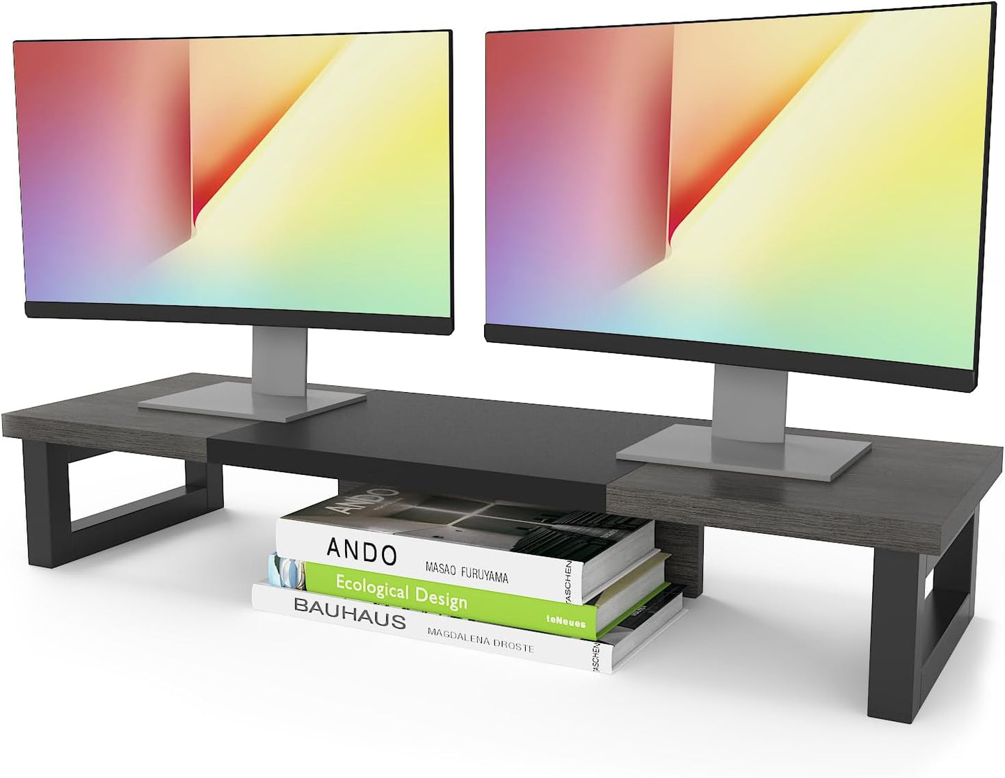 WESTREE Dual Monitor Stand Riser, Wood and Steel Multi-Purpose Desktop Storage Stand for 2 Monitors for Computer, Laptop, Printer, TV, Rustic Brown