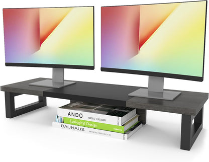 WESTREE Dual Monitor Stand Riser, Wood and Steel Multi-Purpose Desktop Storage Stand for 2 Monitors for Computer, Laptop, Printer, TV, Rustic Brown