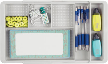 mDesign Expandable Plastic Drawer Organizer and Storage Container for Office Supplies - Gel Pen Pencil, Marker, Stationary, Desk Supply Holder for Drawers and Desktop - Lumiere Collection - Light Gray