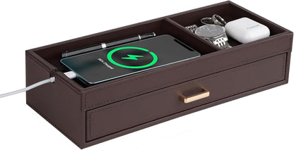 HofferRuffer Valet Jewelry Tray Organizer with Drawer, Faux Leather Storage Catchall Box Phone Charging Station Tray with Dresser Nightstand Desktop Drawer Organizer (Black)