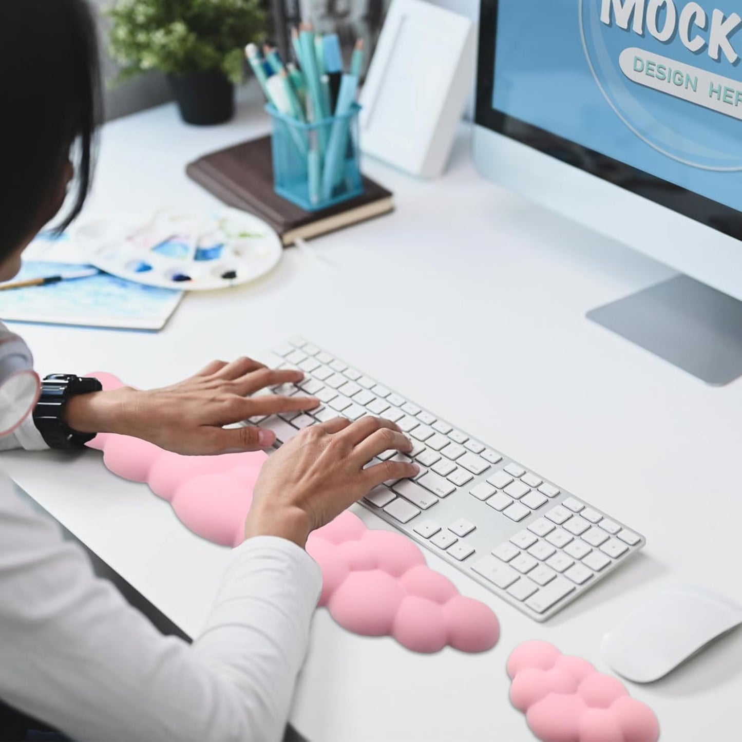 Ergonomic Keyboard Wrist Rest, PU Leather Memory Foam Cloud Wrist Rest for Computer Keyboard, Mouse Wrist Rest and Keyboard Pad for Gaming, Office, Computer, Laptop, Typing Pain Relief, Pastel Pink